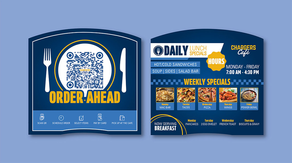 Chargers Café napkin holder inserts featuring QR code order-ahead and weekly specials menu.